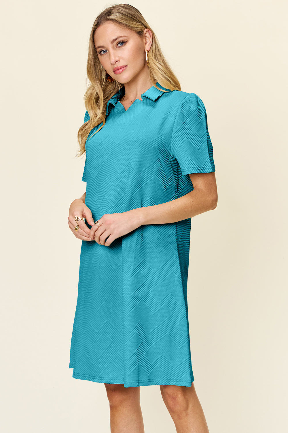 Double Take Full Size Texture Collared Neck Short Sleeve Dress Pastel Blue L