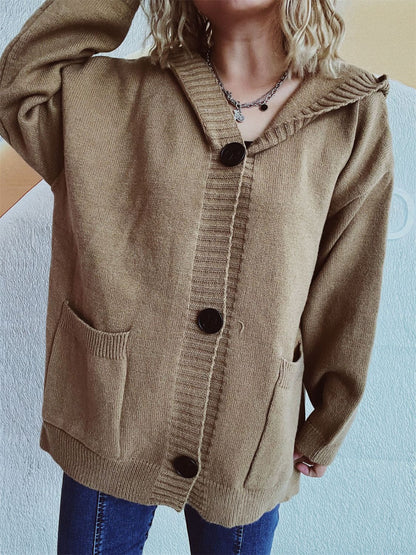 Dropped Shoulder Long Sleeve Hooded Cardigan Taupe One Size