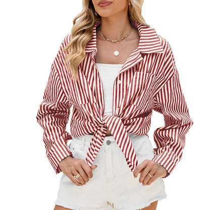 Fashion Striped Long Sleeve Shirt With Pockets Casual Loose Single-breasted Button Top Women Clothing Personalized service