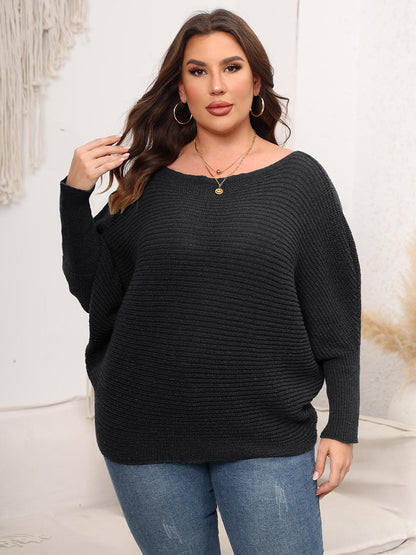 Full Size Boat Neck Batwing Sleeve Sweater Black