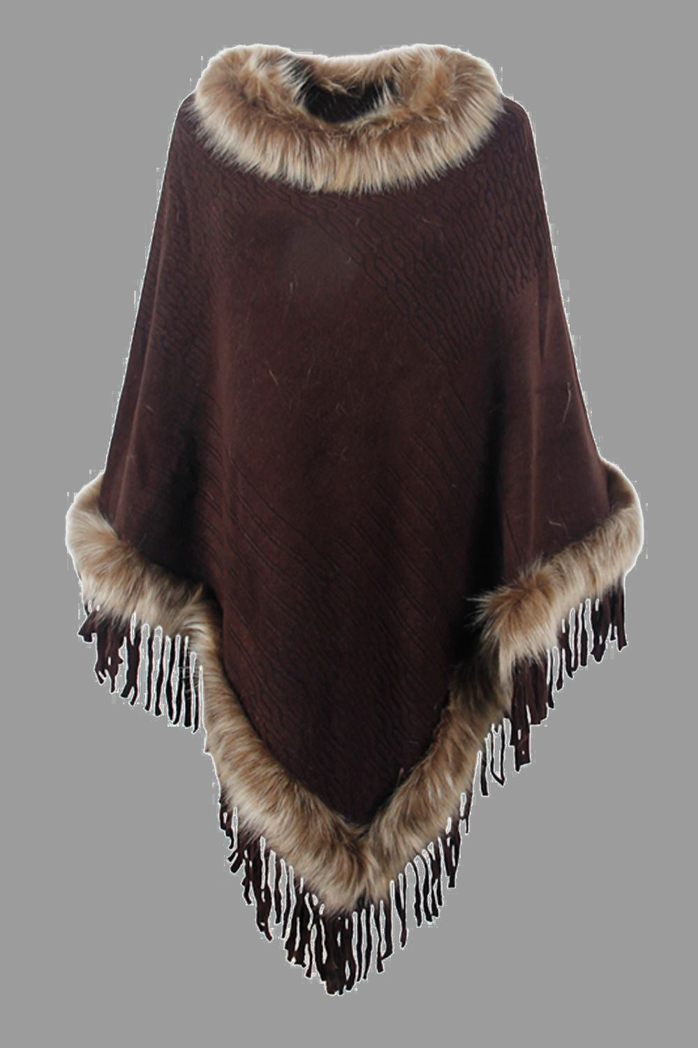 Faux Fur Trim Fringed Poncho - Thandynie