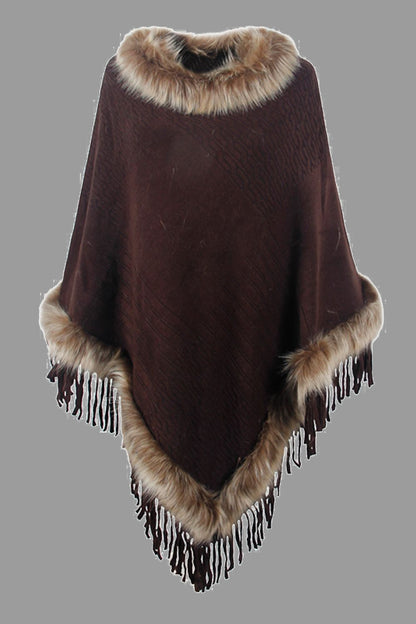 Faux Fur Trim Fringed Poncho Chocolate One Size