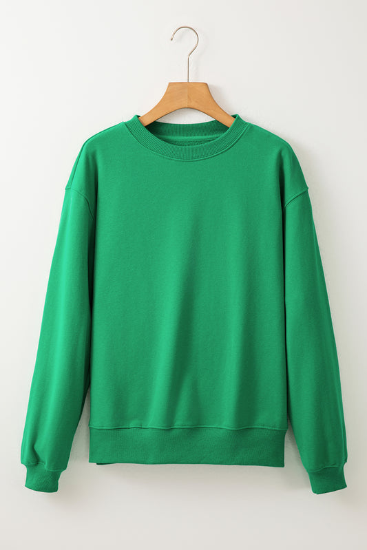 Dark Green Solid Fleece Lined Drop Shoulder Terry Sweatshirt Dark Green 50%Polyester+50%Cotton