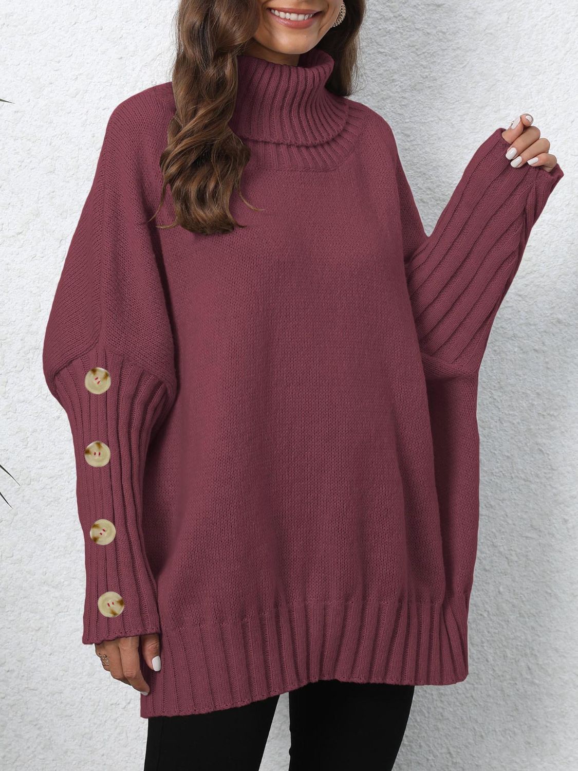 Turtleneck Long Sleeve Sweater Burgundy One Size