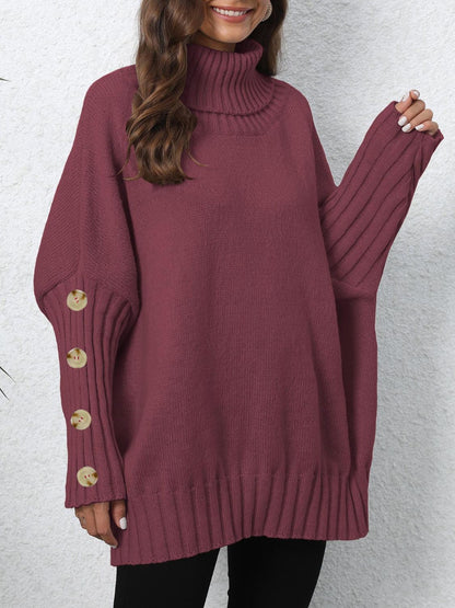 Turtleneck Long Sleeve Sweater Burgundy One Size