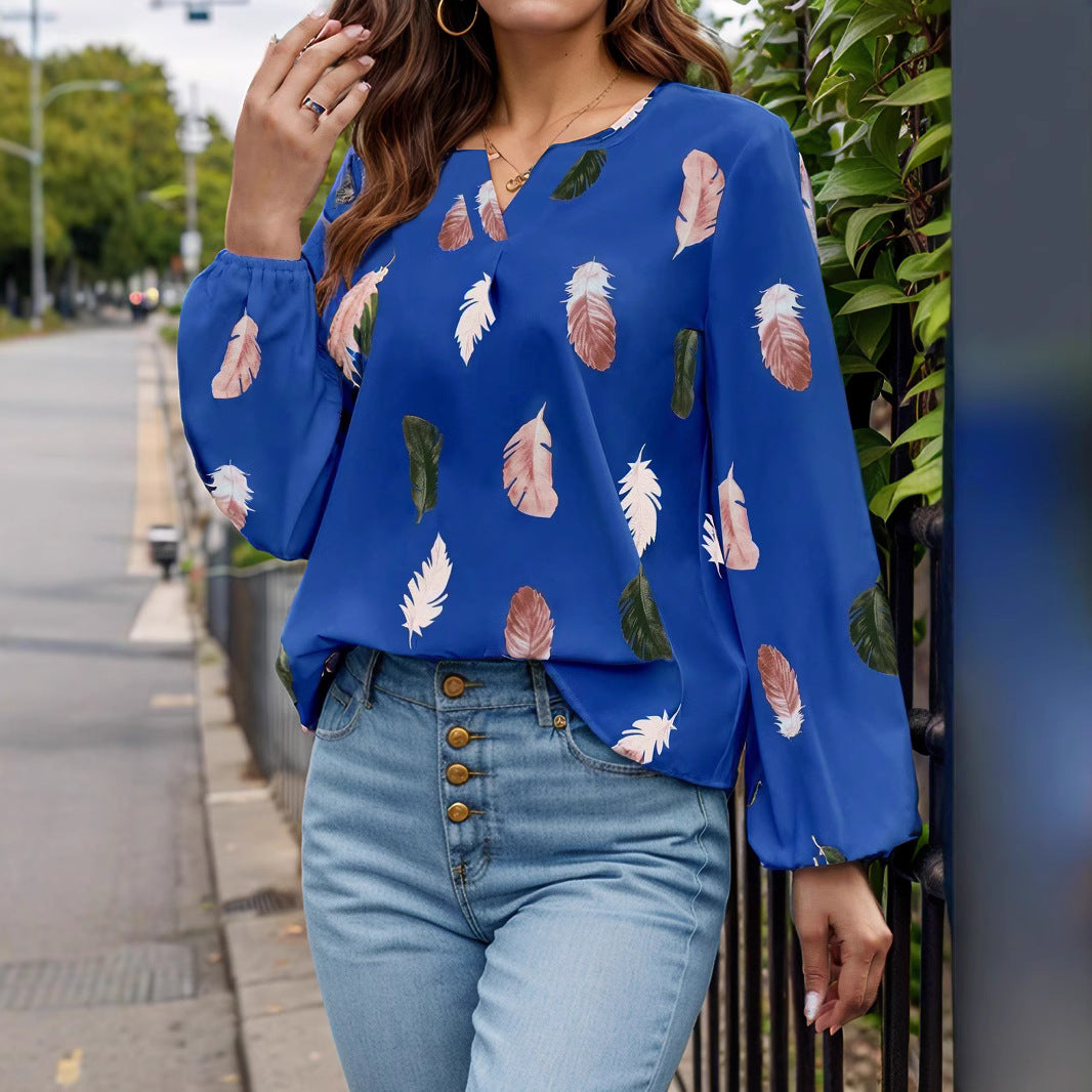 Feather Print Notched Balloon Sleeve Top Air Force Blue M