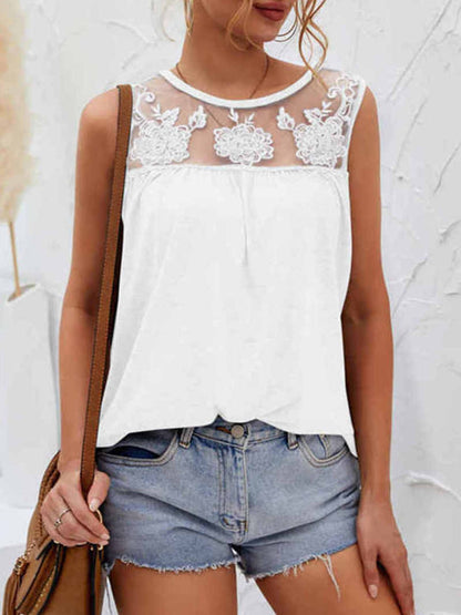 Lace Detail Round Neck Tank White