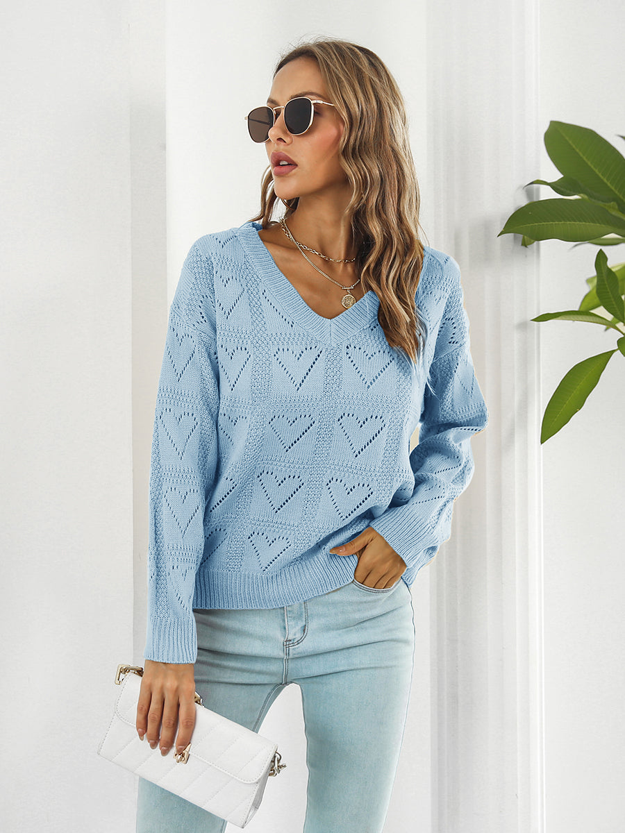 Openwork V-Neck Sweater Misty Blue