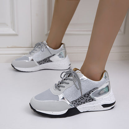 Lace-Up Round Toe Platform Sneakers Silver