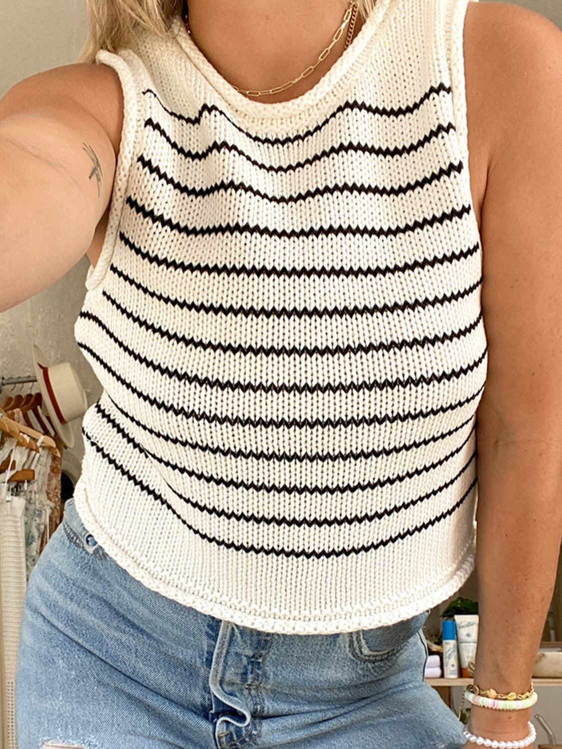 Rolled Striped Round Neck Sweater Vest White