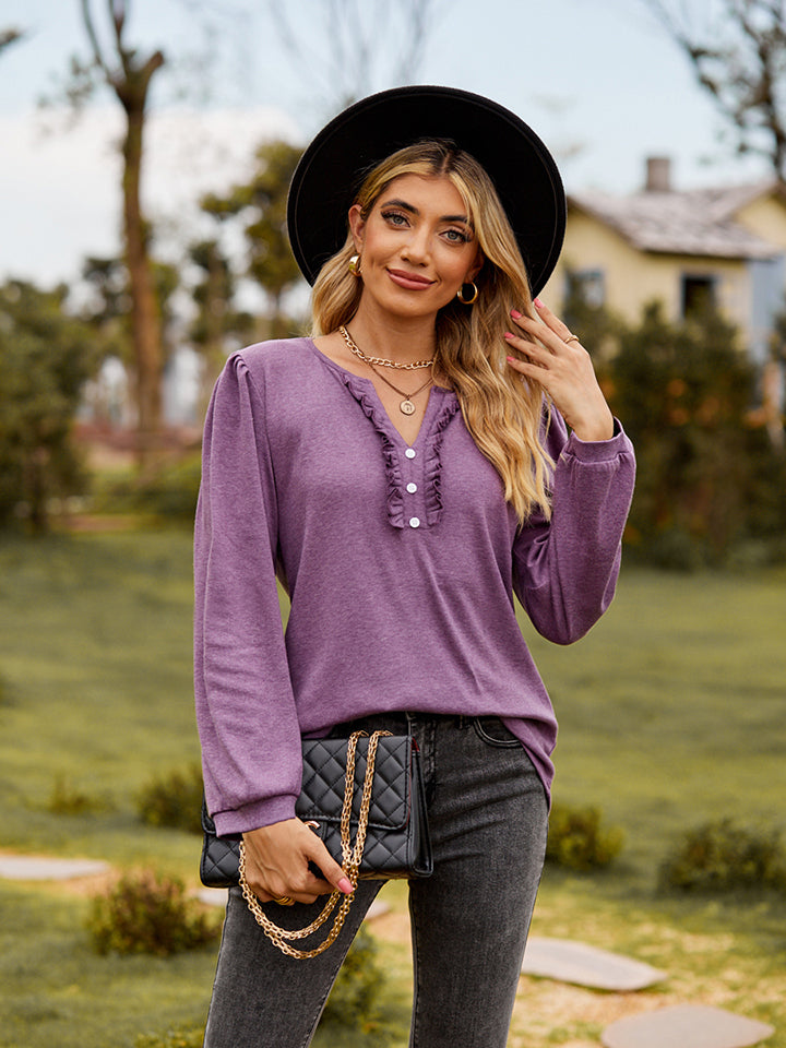 Puff Sleeve Ruffle Trim Blouse Dusty Purple