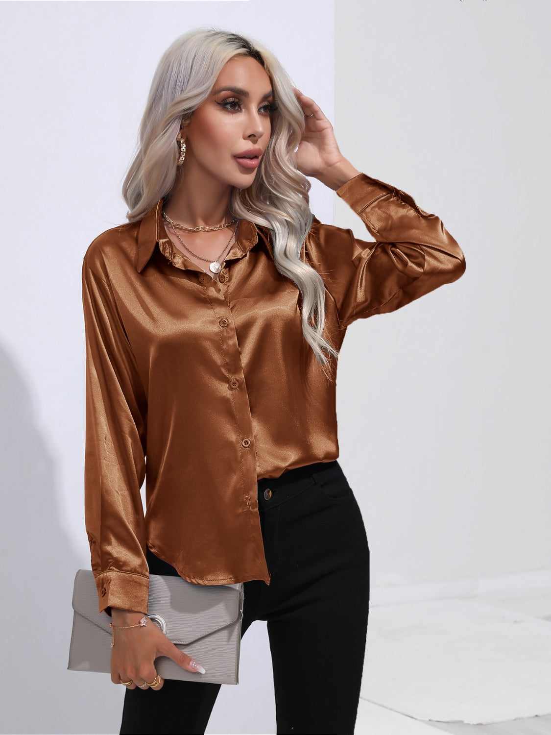 Collared Neck Buttoned Long Sleeve Shirt Caramel