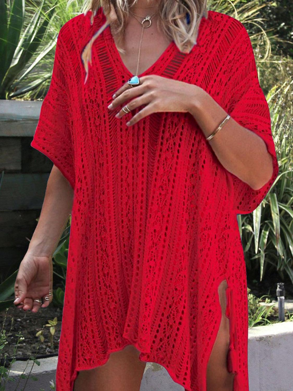 Cutout V-Neck Cover-Up with Tassel Red One Size