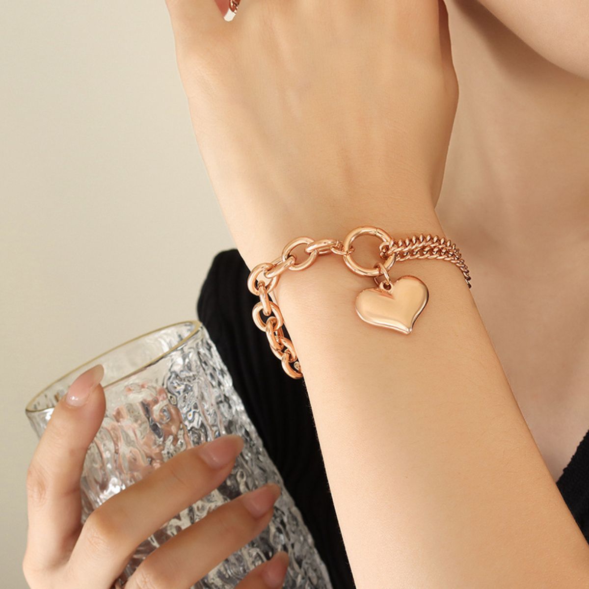 Half Chunky Chain Titanium Steel Bracelet Rose Gold One Size