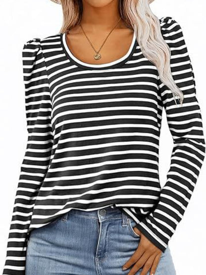 Striped Round Neck Long Sleeve T-Shirt Black