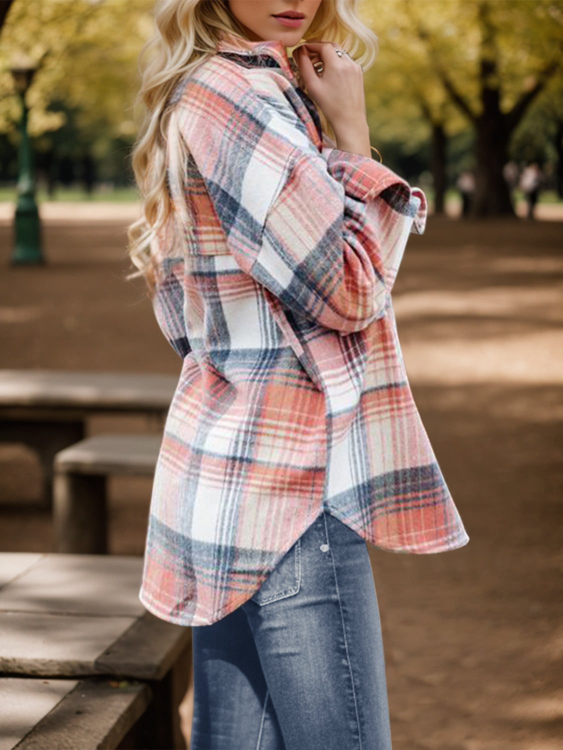 Plaid Button Up Dropped Shoulder Shirt - Thandynie