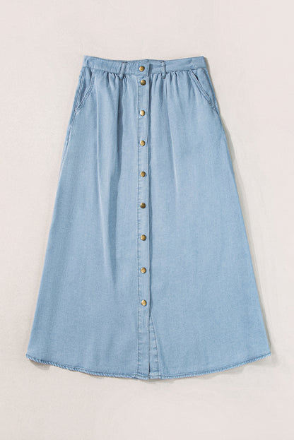 Mist Blue Fully Buttoned Long Denim Skirt