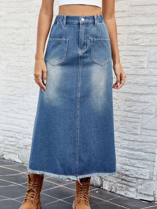 Raw Hem Buttoned Denim Skirt with Pockets Dusty Blue