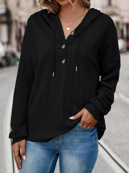 Drawstring Dropped Shoulder Long Sleeve Hoodie Black