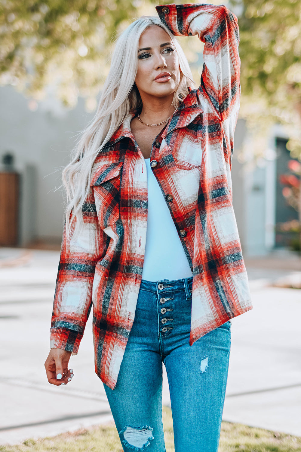 Red Turn down Neck Plaid Pocket Button Closure Coat