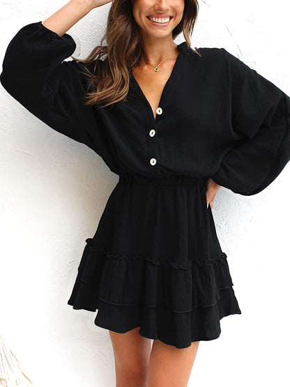 Ruffled Notched Balloon Sleeve Mini Dress Black