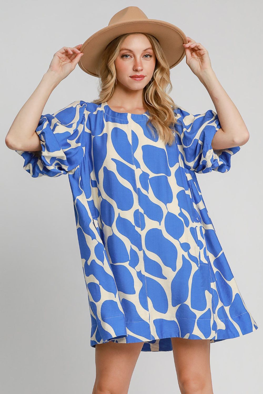 Umgee Two Tone Abstract Print Puff Sleeve Dress Blue