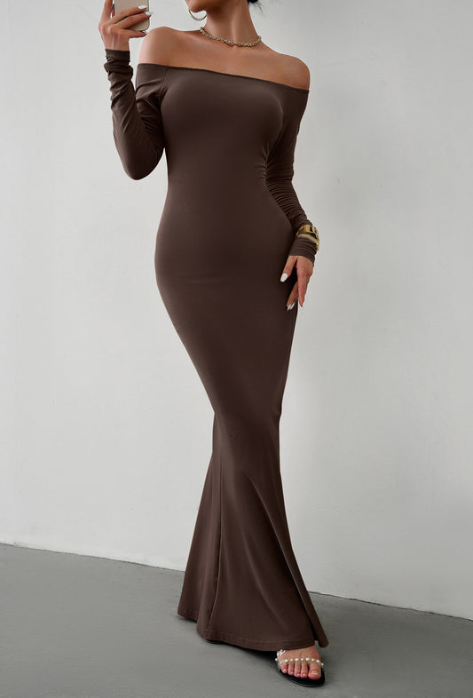 Off-Shoulder Long Sleeve Maxi Dress Chocolate