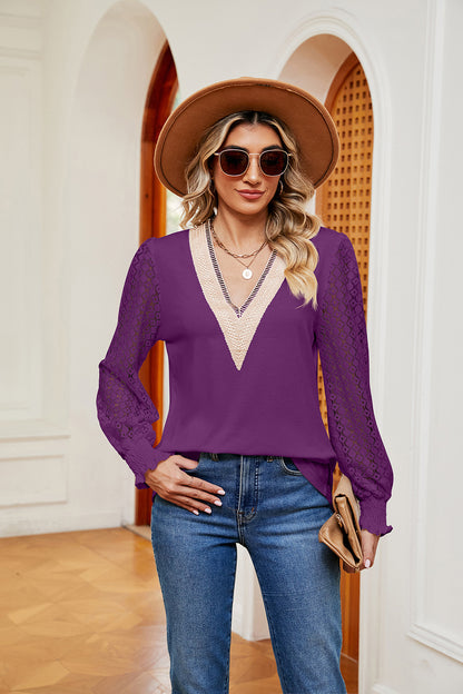 Contrast V-Neck Long Sleeve Blouse Fuchsia