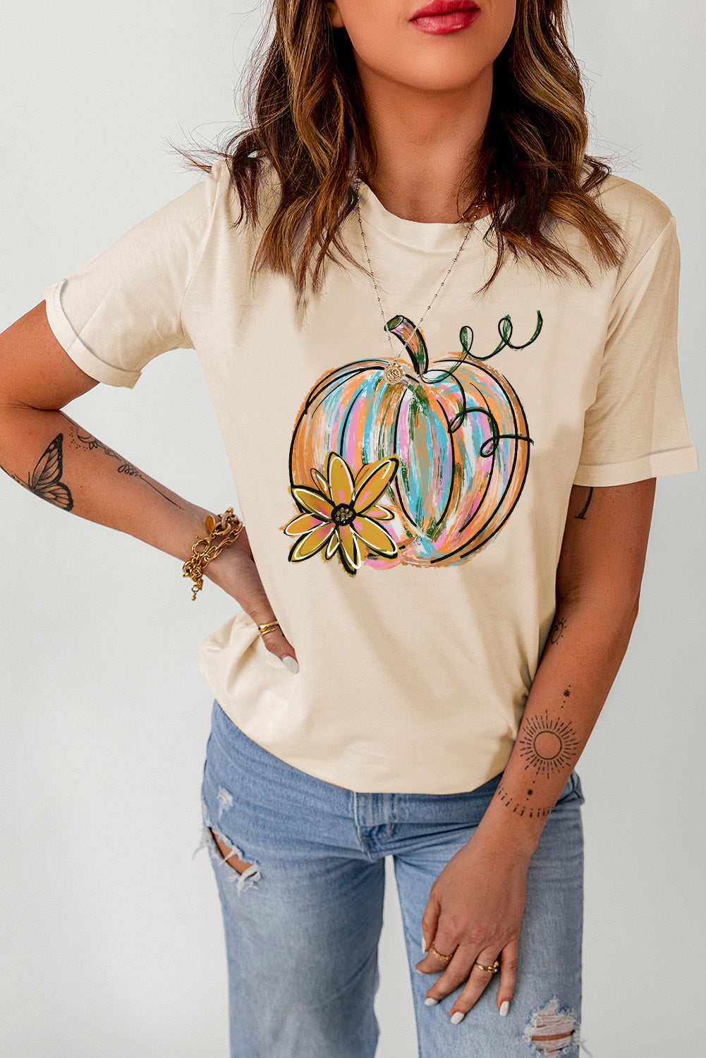 Pumpkin Graphic Round Neck T-Shirt Sand