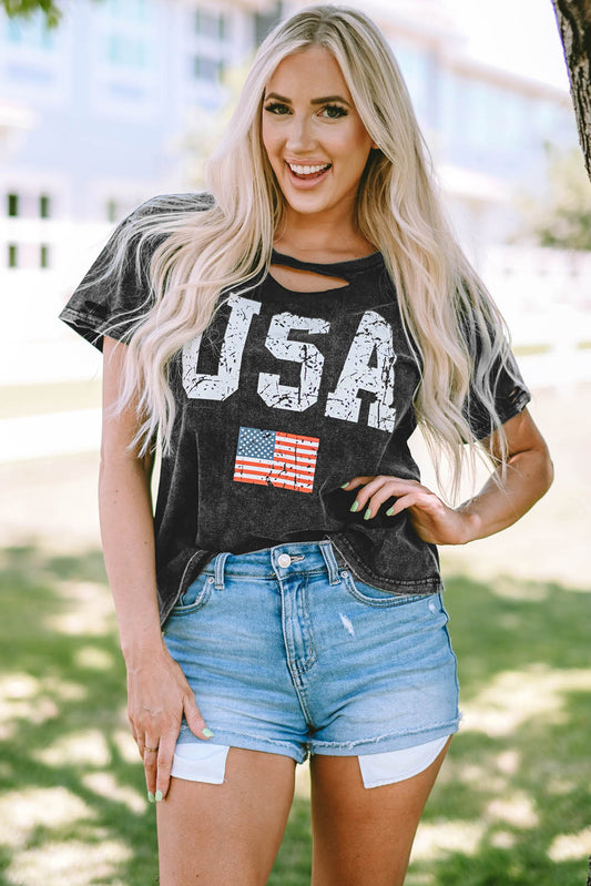 USA Cutout Round Neck Short Sleeve T-Shirt - Thandynie