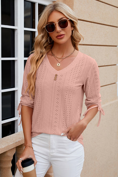 Eyelet Drawstring V-Neck Half Sleeve T-Shirt Dusty Pink