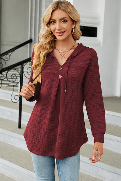 Decorative Button Drawstring Long Sleeve Hoodie Burgundy