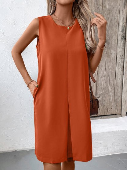 Pocketed Round Neck Sleeveless Mini Dress Terracotta