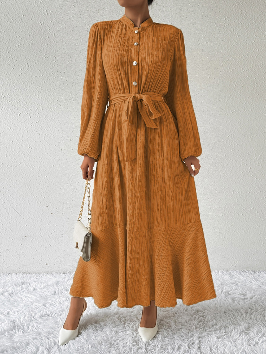 Tie Waist Long Sleeve Dress - Thandynie