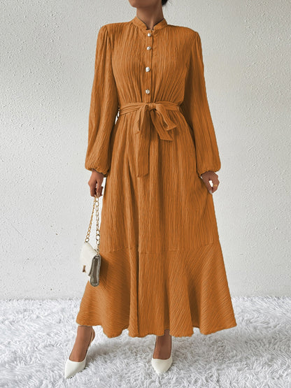 Tie Waist Long Sleeve Dress Ochre