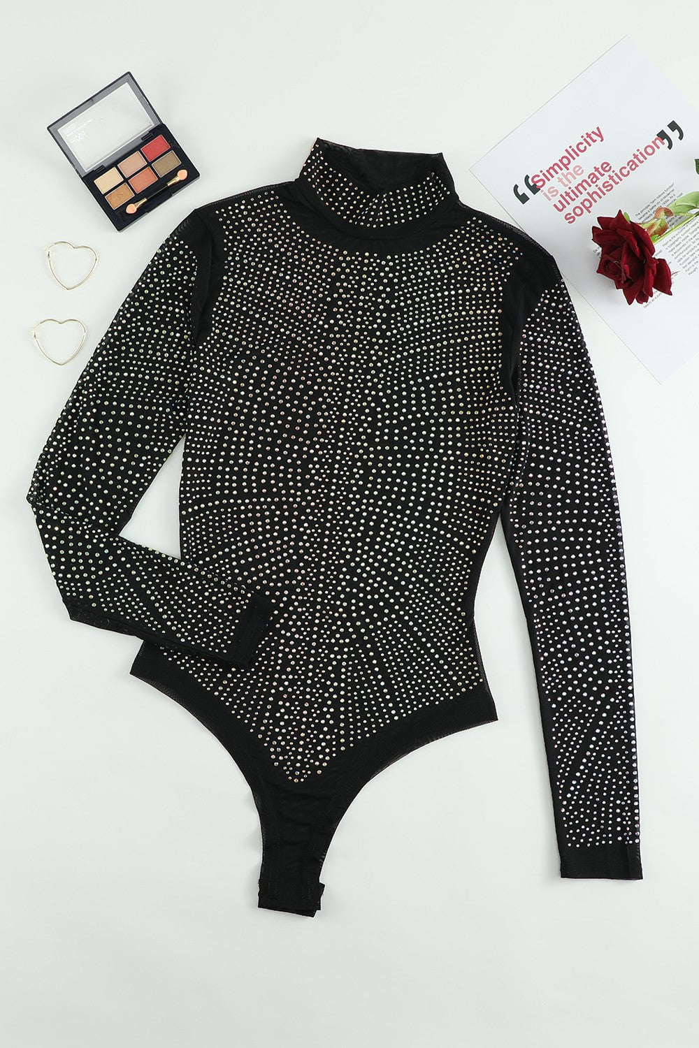 Rhinestone Mock Neck Long Sleeve Bodysuit - Thandynie