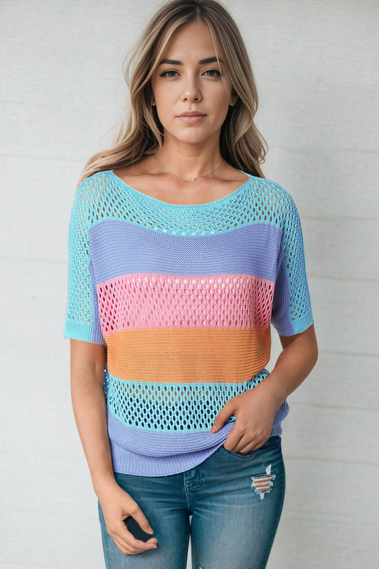 Color Block Openwork Round Neck Pullover Sweater Blue-Gobalt