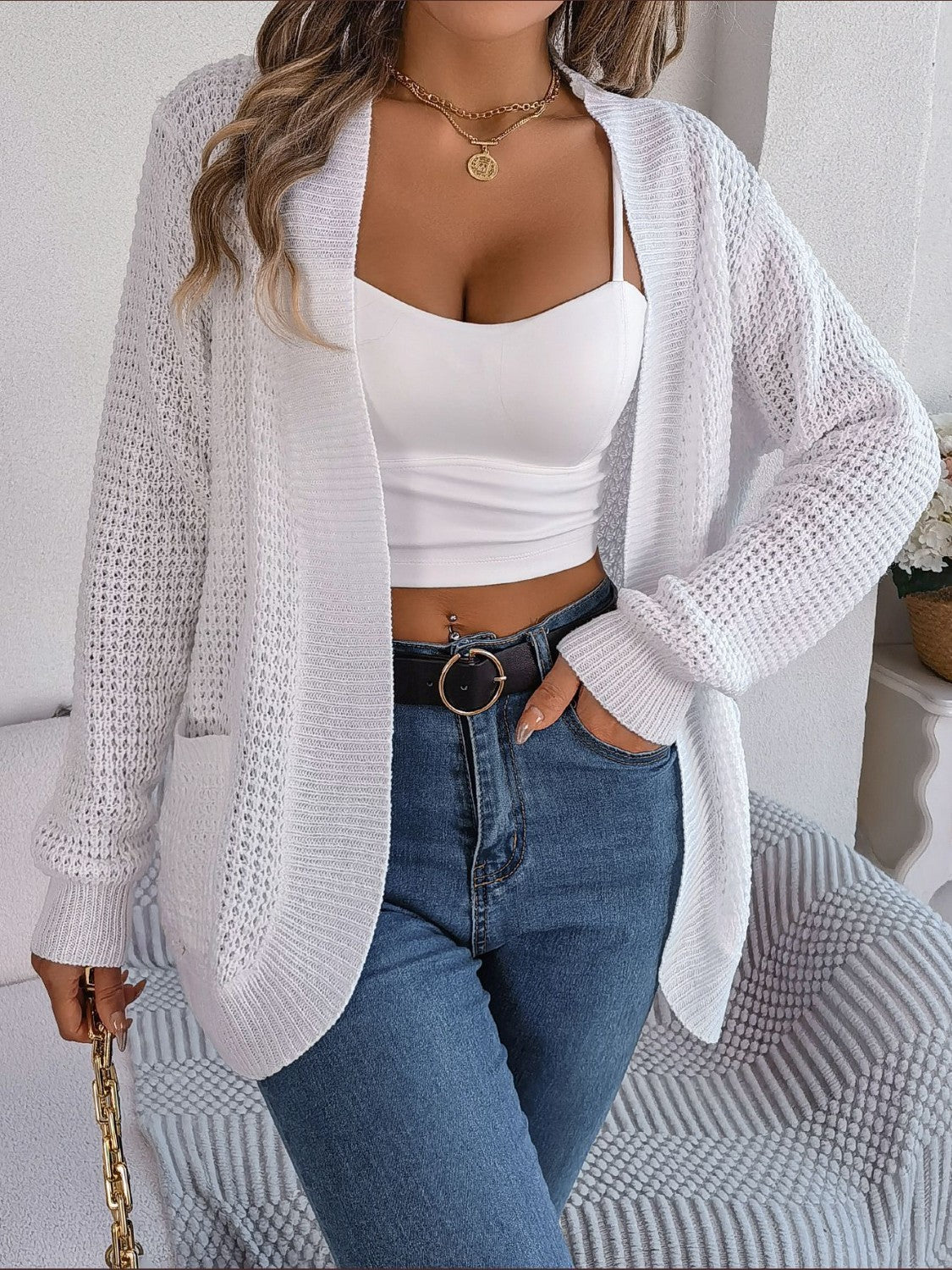 Open Front Long Sleeve Cardigan with Pockets - Thandynie