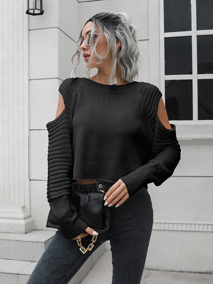 Cold-Shoulder Ribbed Trim Sweater Black