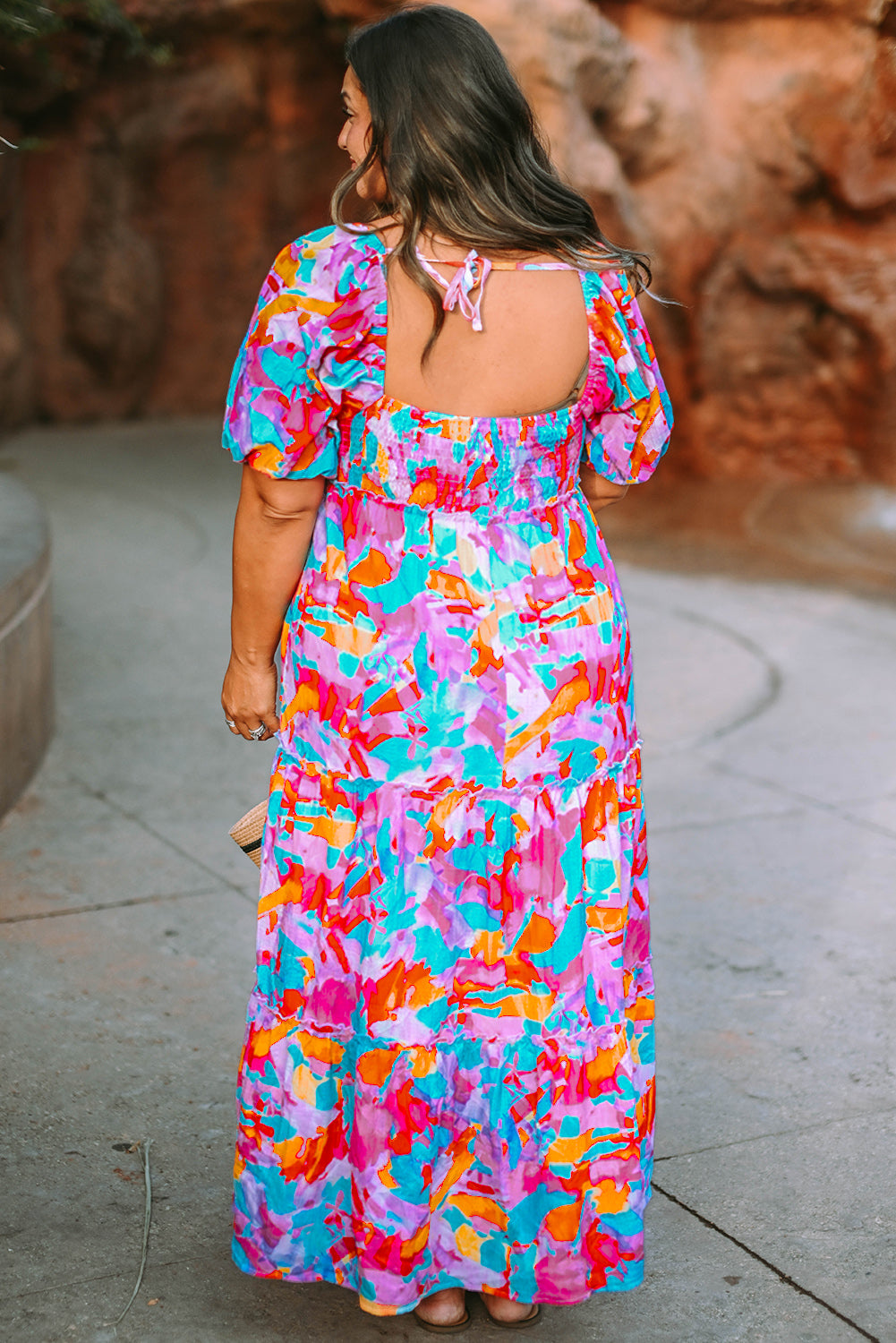 Multicolour Plus Size Floral Smocked Puff Sleeve Maxi Dress