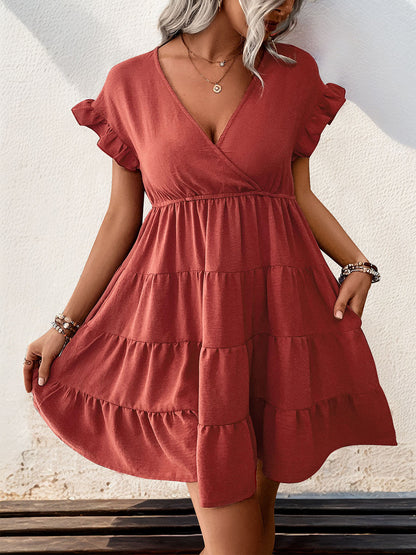 Tiered Surplice Flounce Sleeve Mini Dress Rust