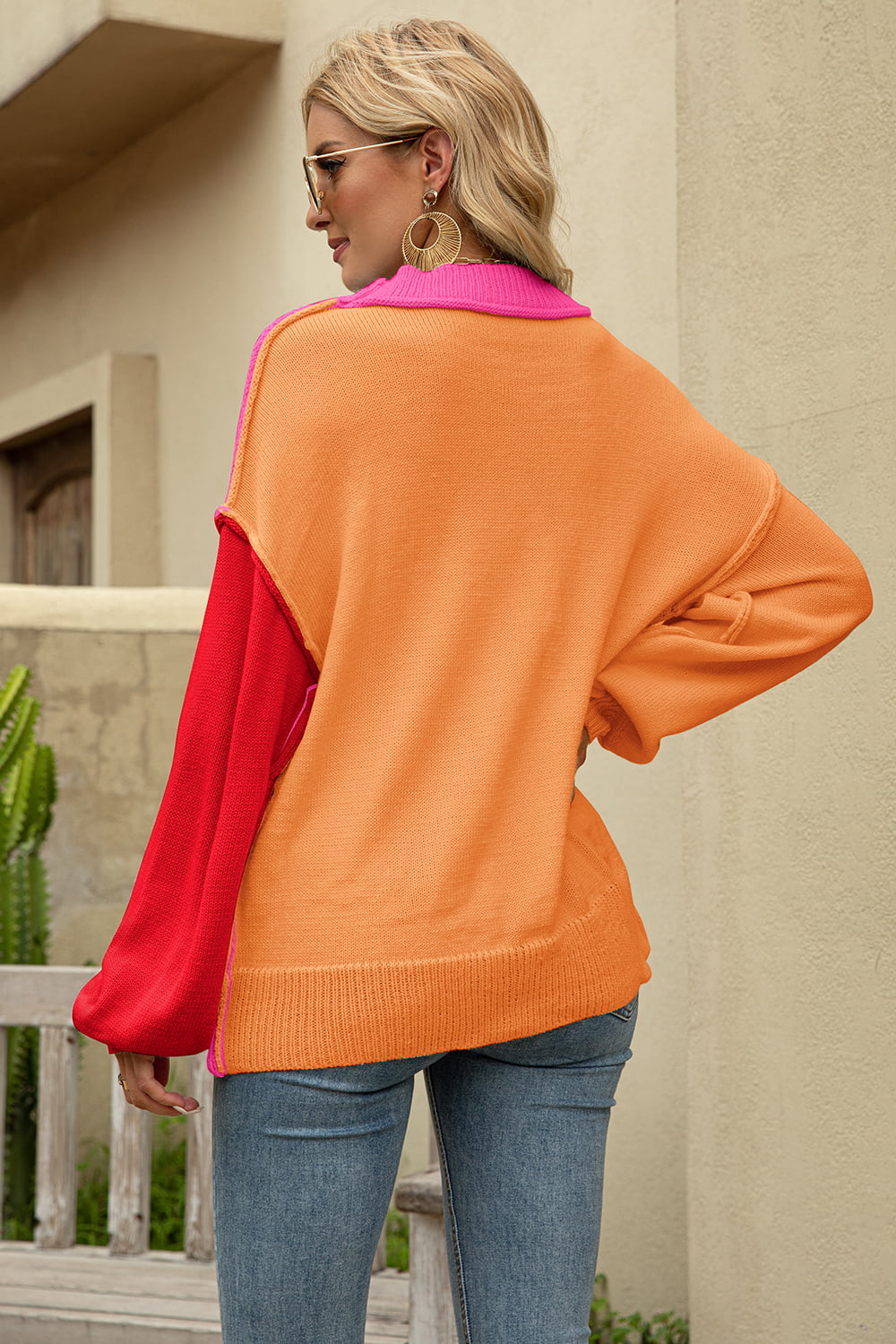 Color Block Round Neck Dropped Shoulder Sweater