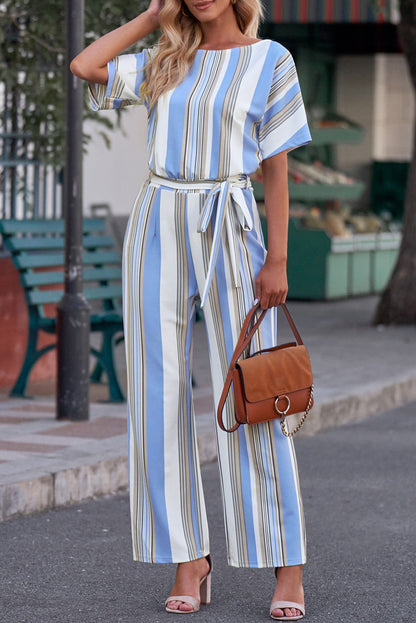 Tied Striped Round Neck Short Sleeve Jumpsuit Light Blue