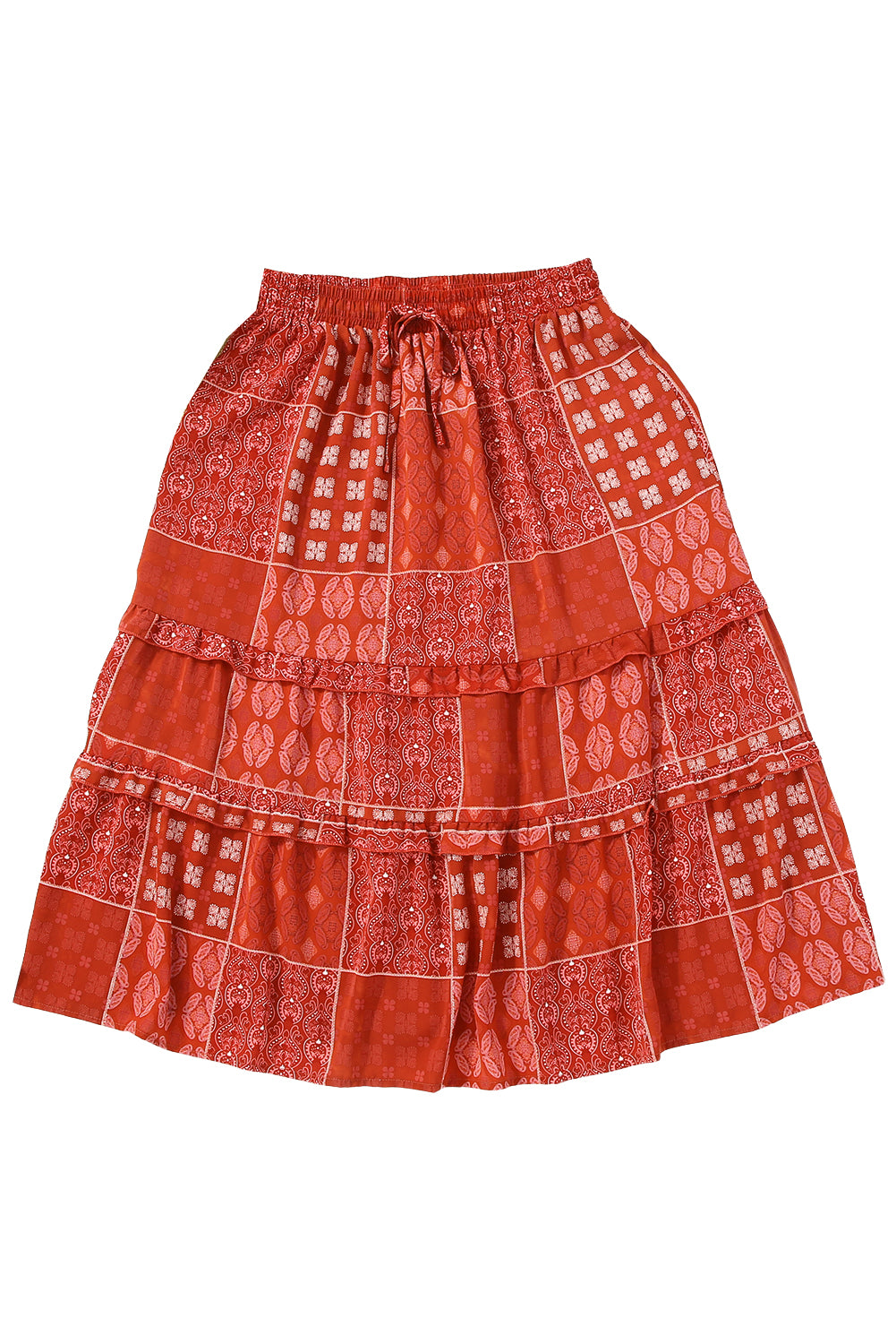 Fiery Red Bohemian Mix Print Long Flared Skirt