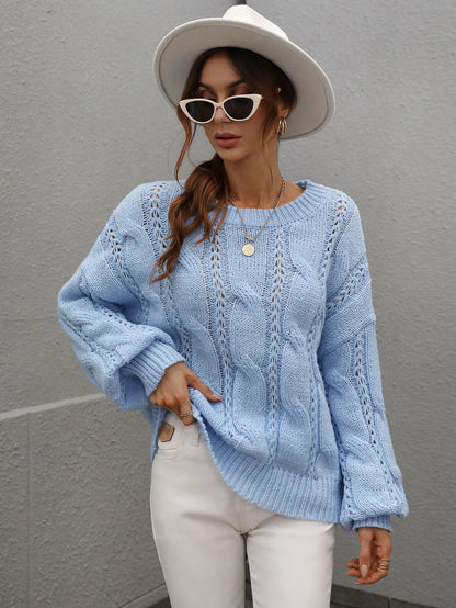 Woven Right Cable-Knit Openwork Round Neck Sweater Blue