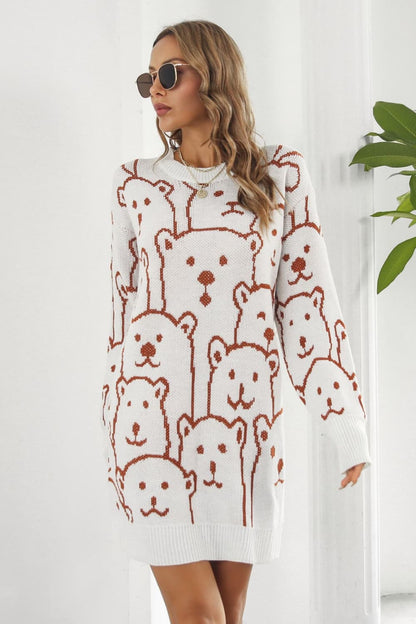 Bear Pattern Round Neck Sweater Dress White