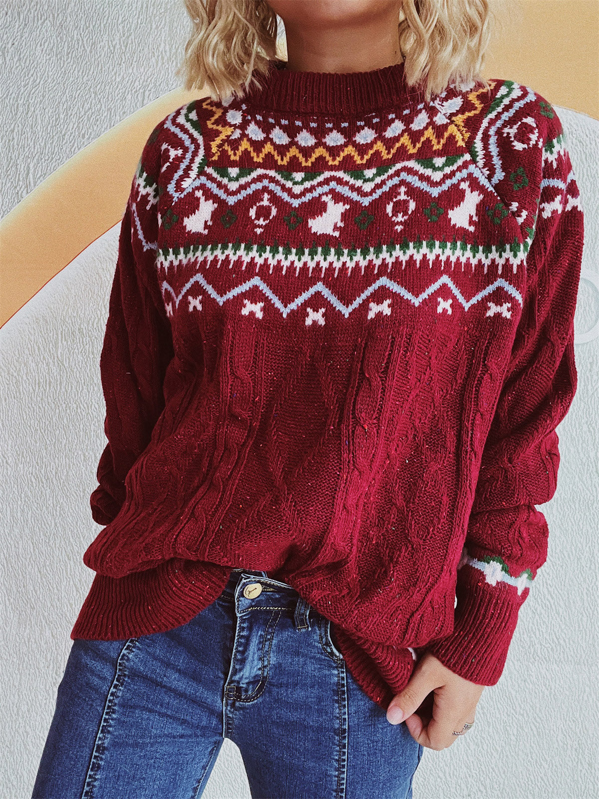 Cable-Knit Mock Neck Long Sleeve Sweater Burgundy One Size