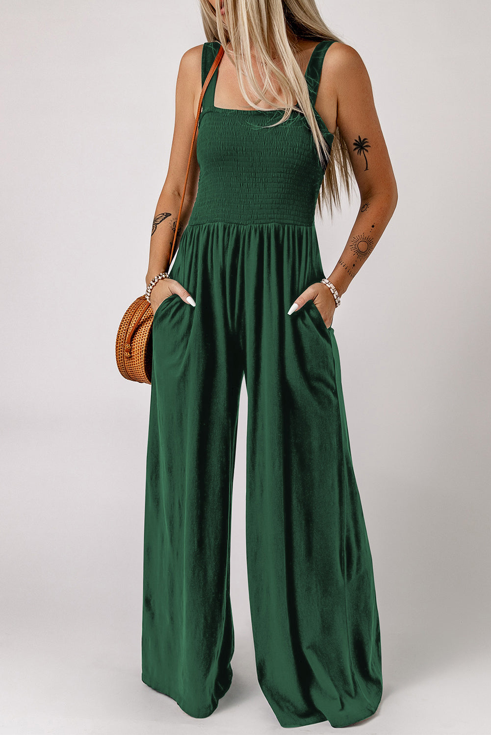 Smocked Square Neck Wide Leg Jumpsuit with Pockets Green