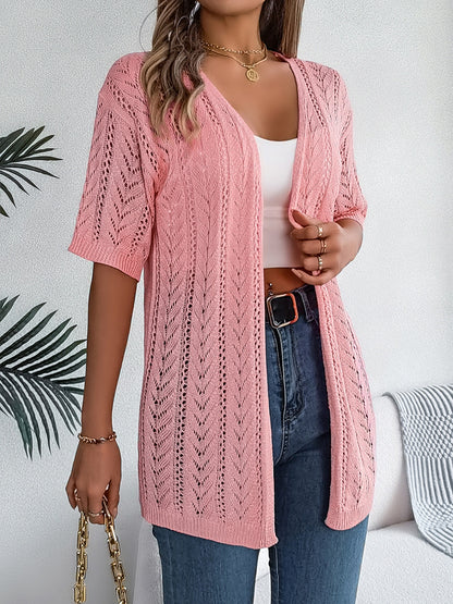 Openwork Open Front Half Sleeve Cardigan Burnt Coral