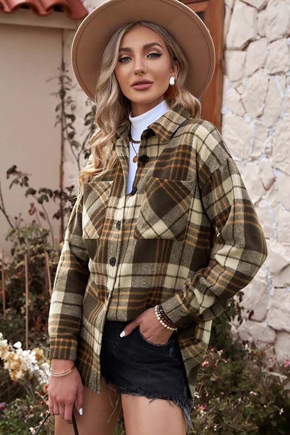 Plaid Collared Neck Button Up Jacket with Pockets - Thandynie